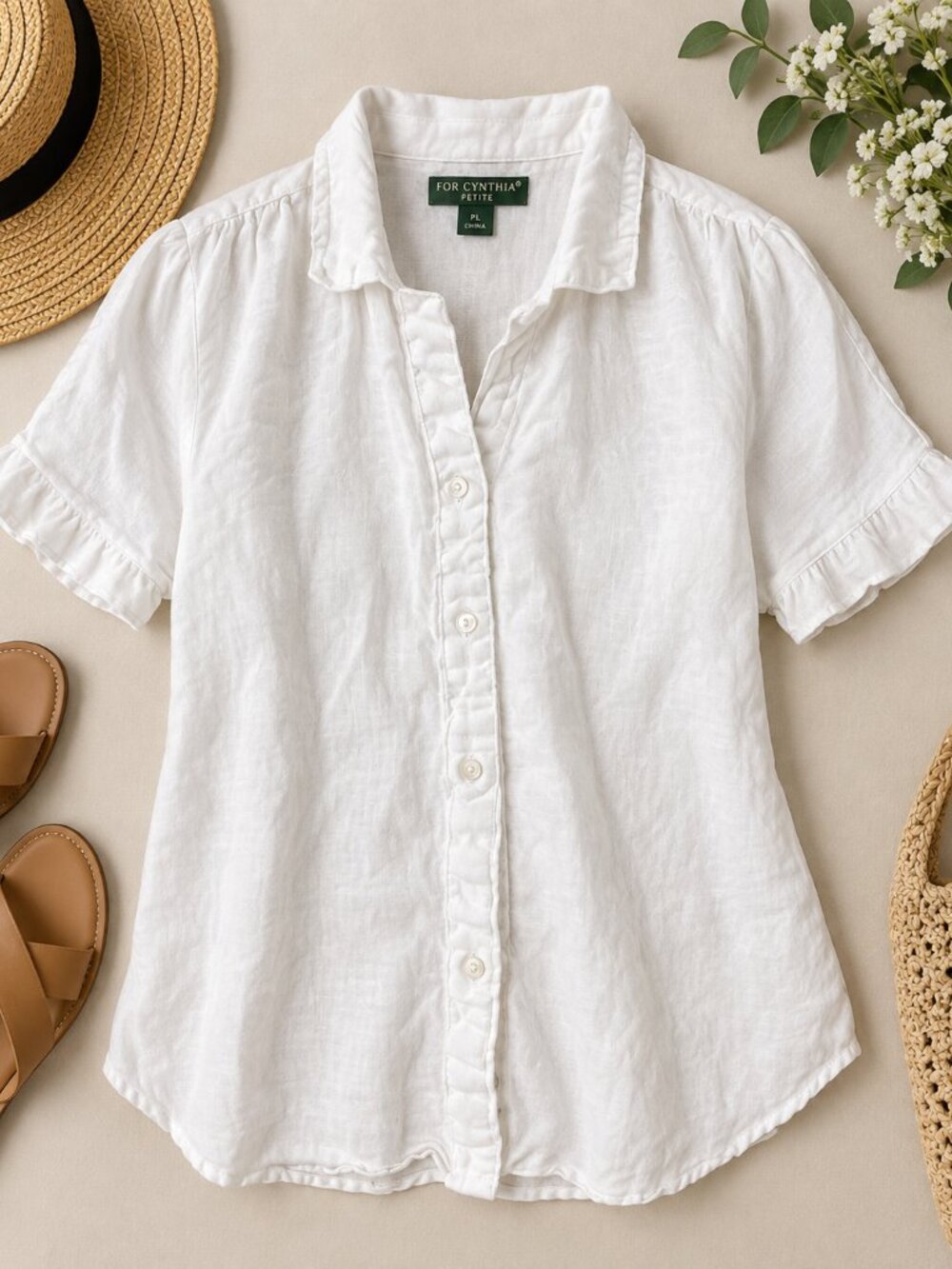 For Cynthia 100% Linen White Ruffle Button Down Blouse Petite Large PL